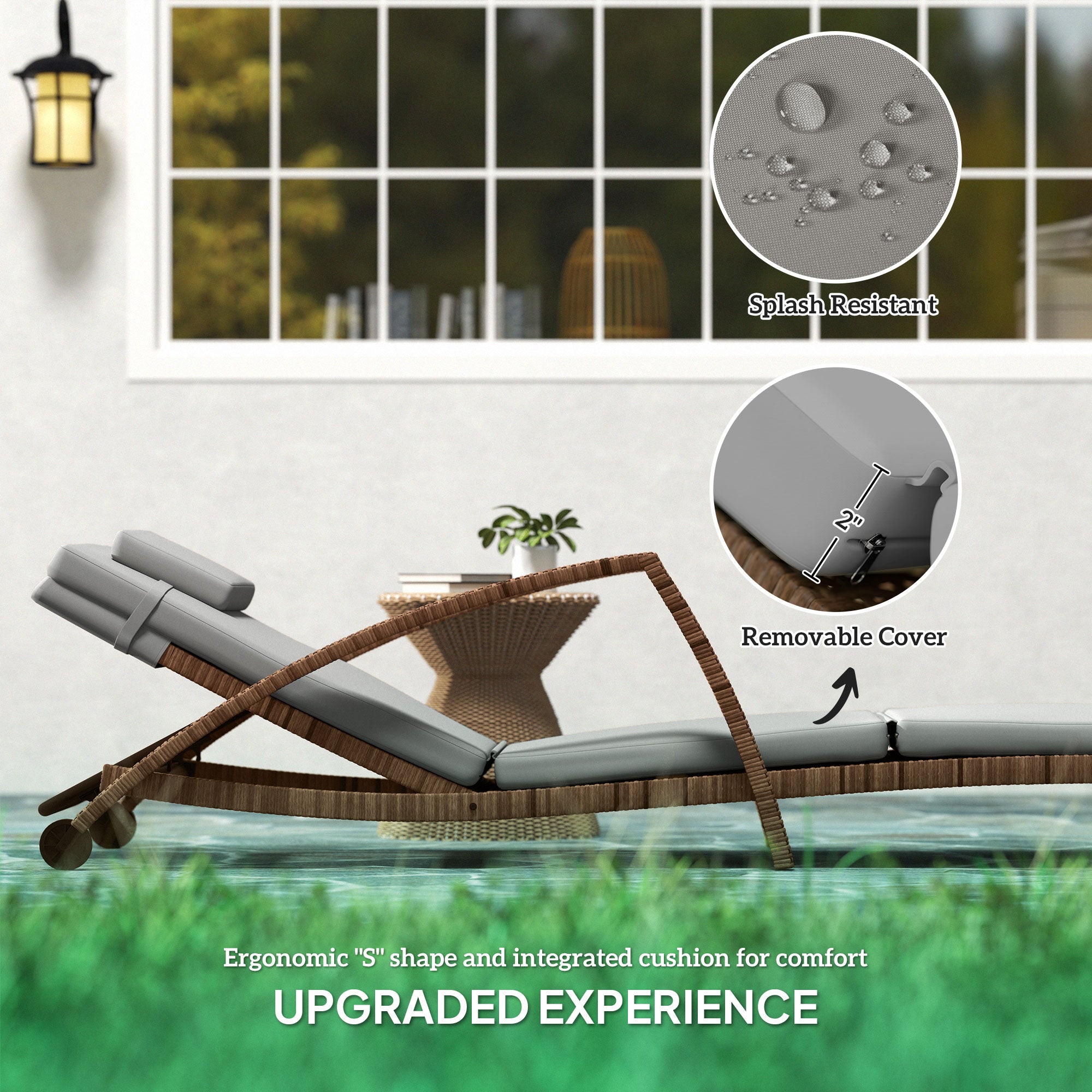 Set of 2 Outdoor Wicker Chaise Lounge Chairs with Cushions & Wheels – Gray