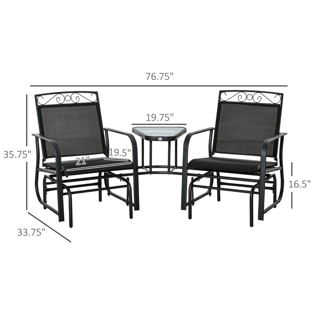 2-Person Outdoor Glider Chair with Center Table – Patio Rocking Bench, Black