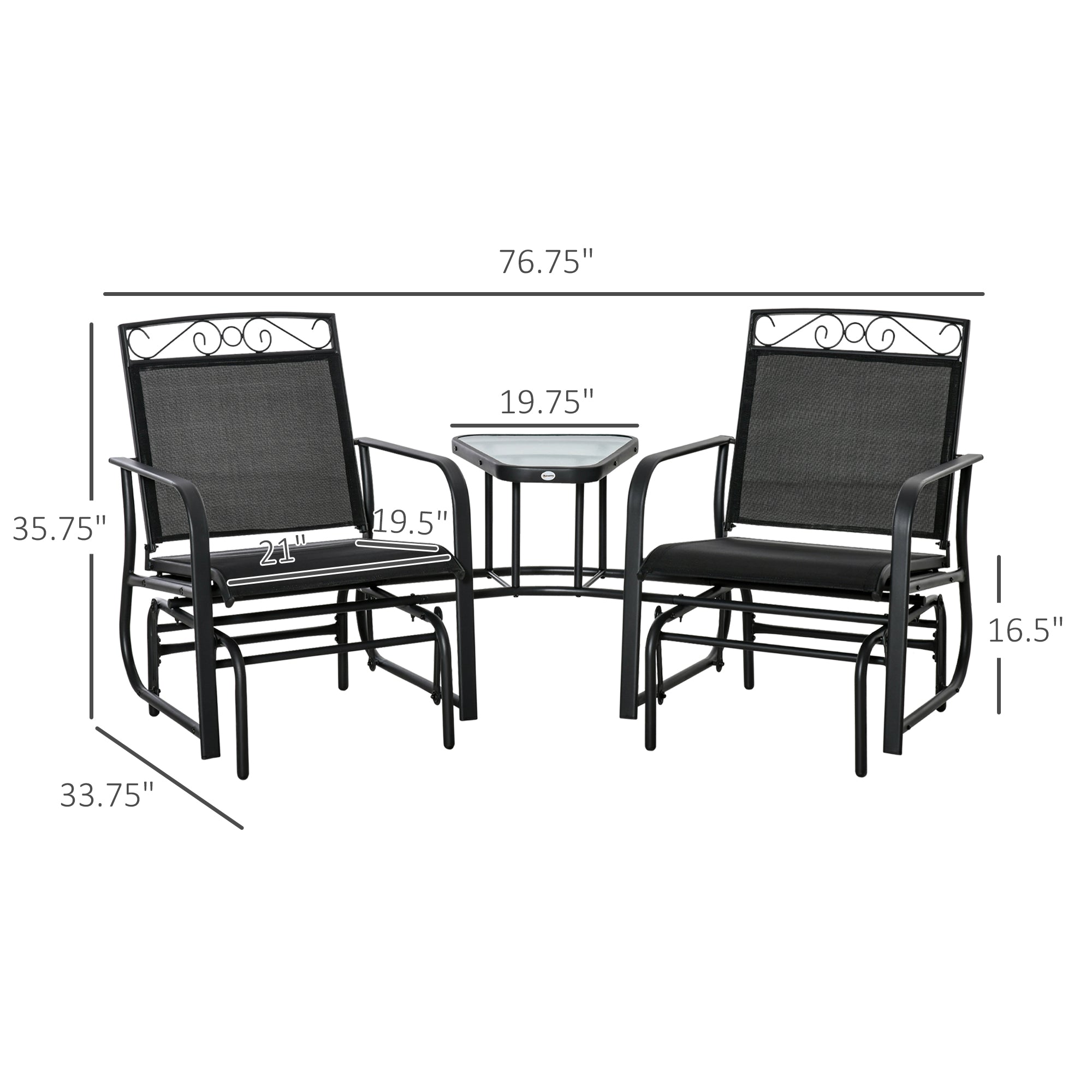 2-Person Outdoor Glider Chair with Center Table – Patio Rocking Bench, Black