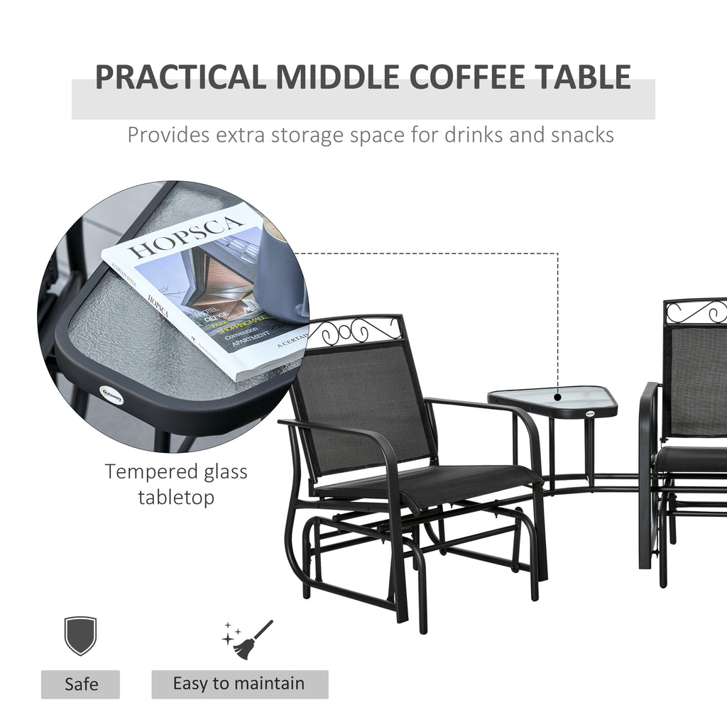 2-Person Outdoor Glider Chair with Center Table – Patio Rocking Bench, Black
