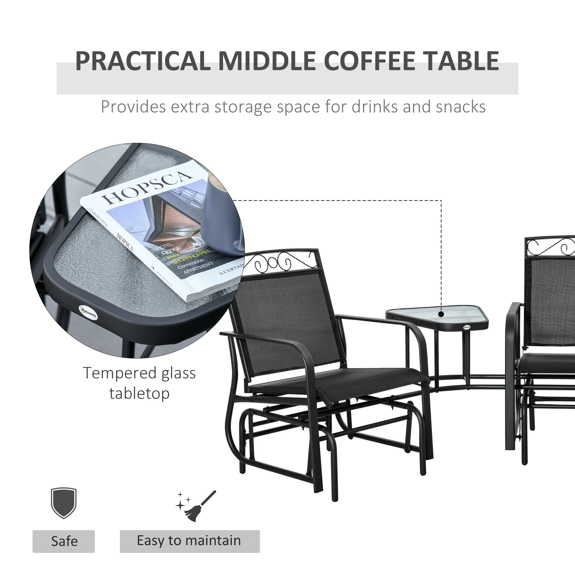 2-Person Outdoor Glider Chair with Center Table – Patio Rocking Bench, Black