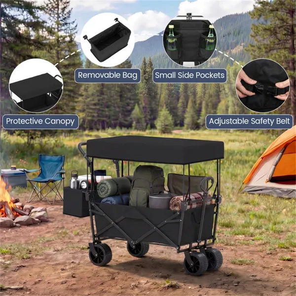 Foldable Utility Wagon Cart – Heavy Duty Outdoor Wagon with Adjustable Handle, Brakes & Storage Pockets, Black
