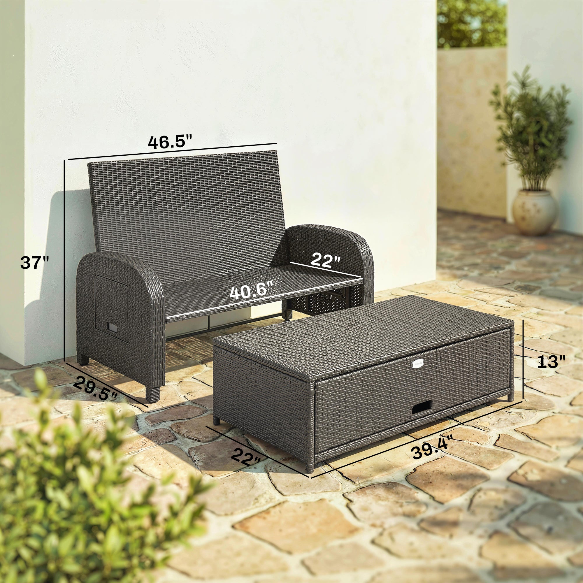 Outdoor Rattan Daybed Lounge – Wicker Patio Loveseat with Adjustable Backrest & Storage Ottoman, Beige