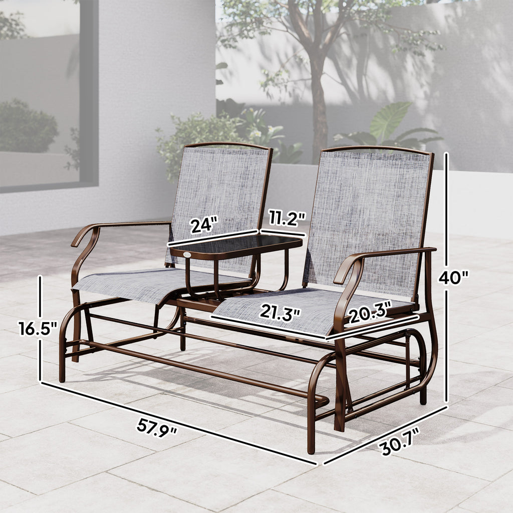 2-Seat Outdoor Glider Bench with Center Table – Patio Loveseat Swing Chair for Backyard & Porch, Brown
