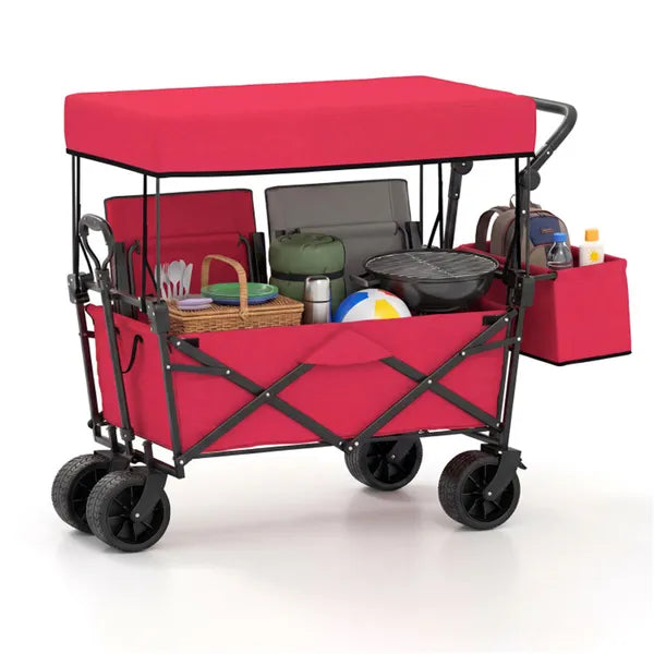 Foldable Utility Wagon Cart – Heavy Duty Outdoor Wagon with Adjustable Handle, Brakes & Storage Pockets, RED