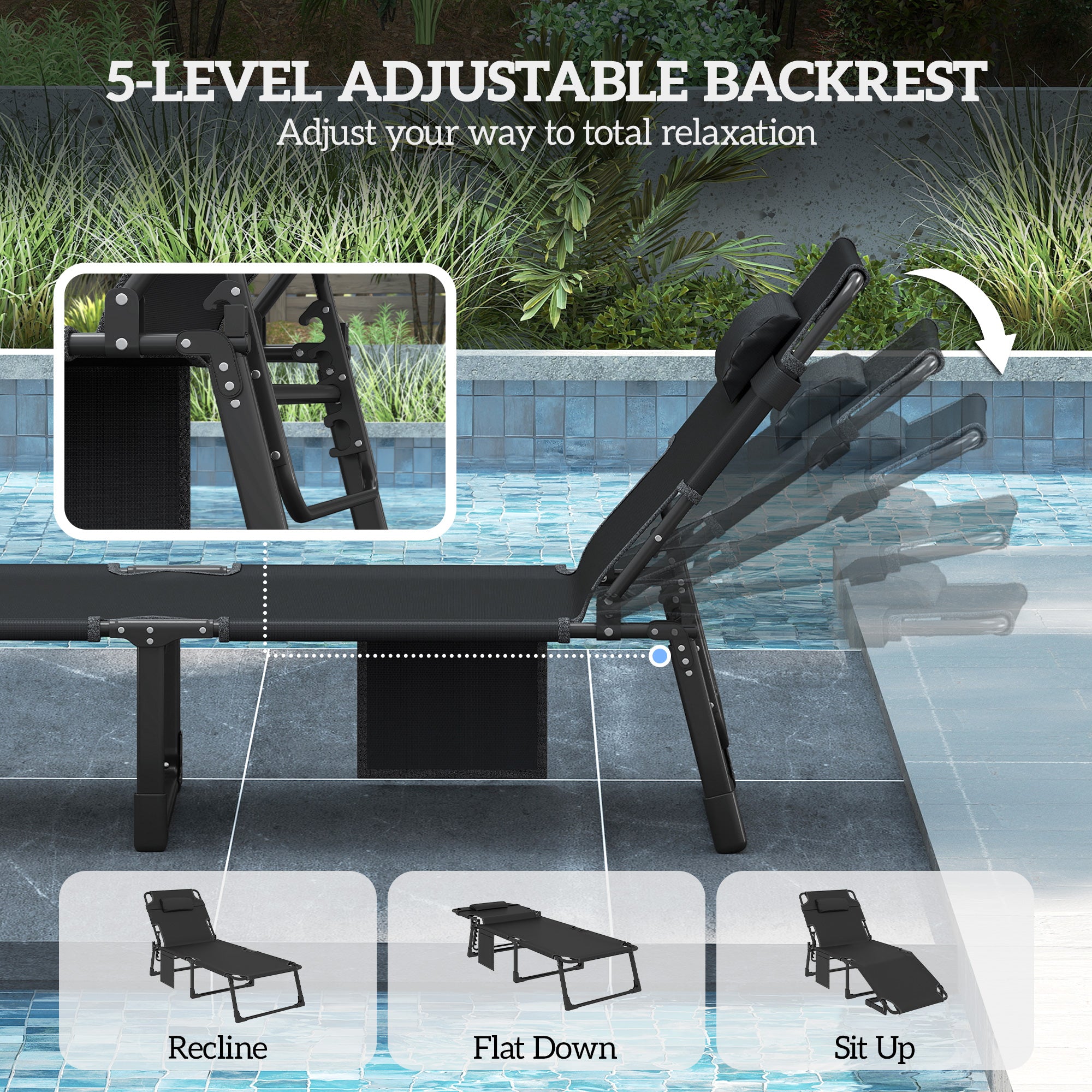 Set of 2 Folding Chaise Lounge Chairs – Adjustable Outdoor Tanning Recliners with Cushions