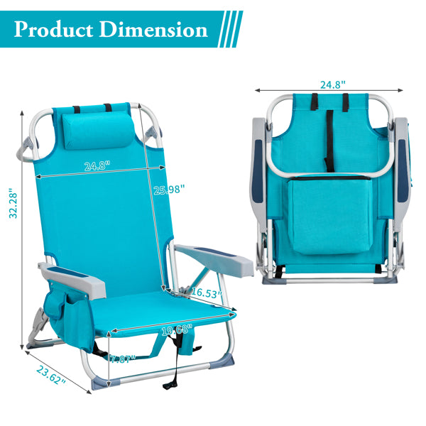 Portable Folding Beach Chair – Adjustable Reclining Camping Chair with Cup Holder, Mint Green