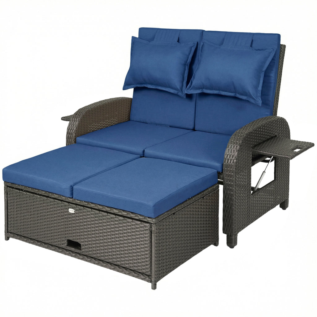Outdoor Rattan Daybed Lounge – Wicker Patio Loveseat with Adjustable Backrest & Storage Ottoman, Navy Blue