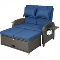 Outdoor Rattan Daybed Lounge – Wicker Patio Loveseat with Adjustable Backrest & Storage Ottoman, Navy Blue