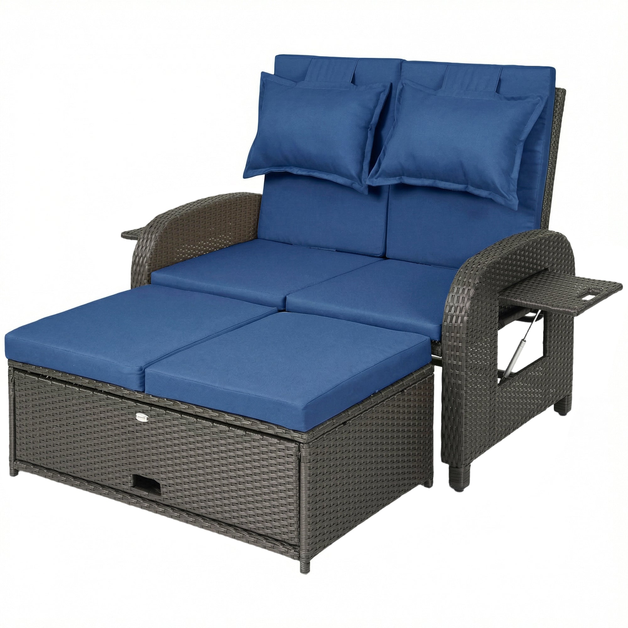 Outdoor Rattan Daybed Lounge – Wicker Patio Loveseat with Adjustable Backrest & Storage Ottoman, Navy Blue