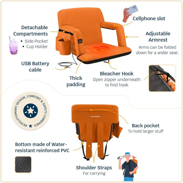 Heated Stadium Seat – Reclining Bleacher Chair with Back Support Extra Wide