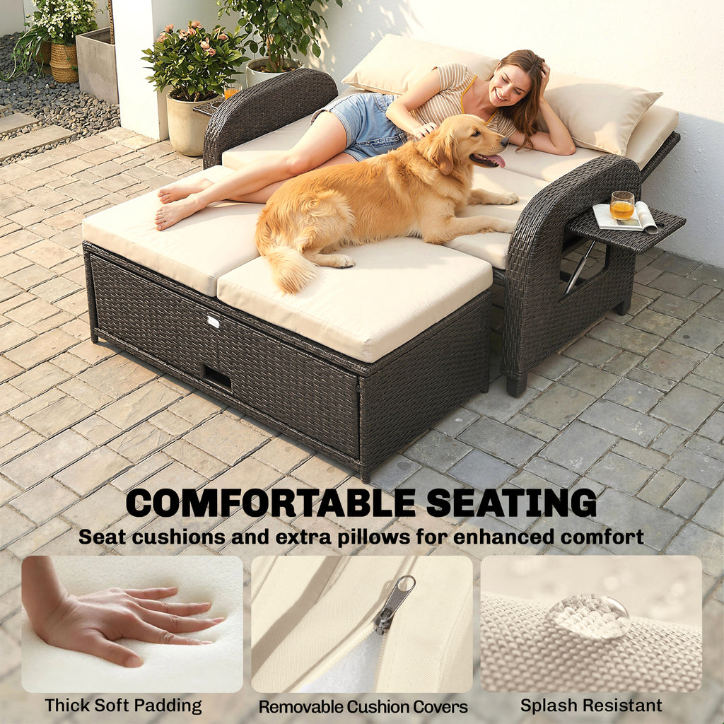 Outdoor Rattan Daybed Lounge – Wicker Patio Loveseat with Adjustable Backrest & Storage Ottoman, Beige