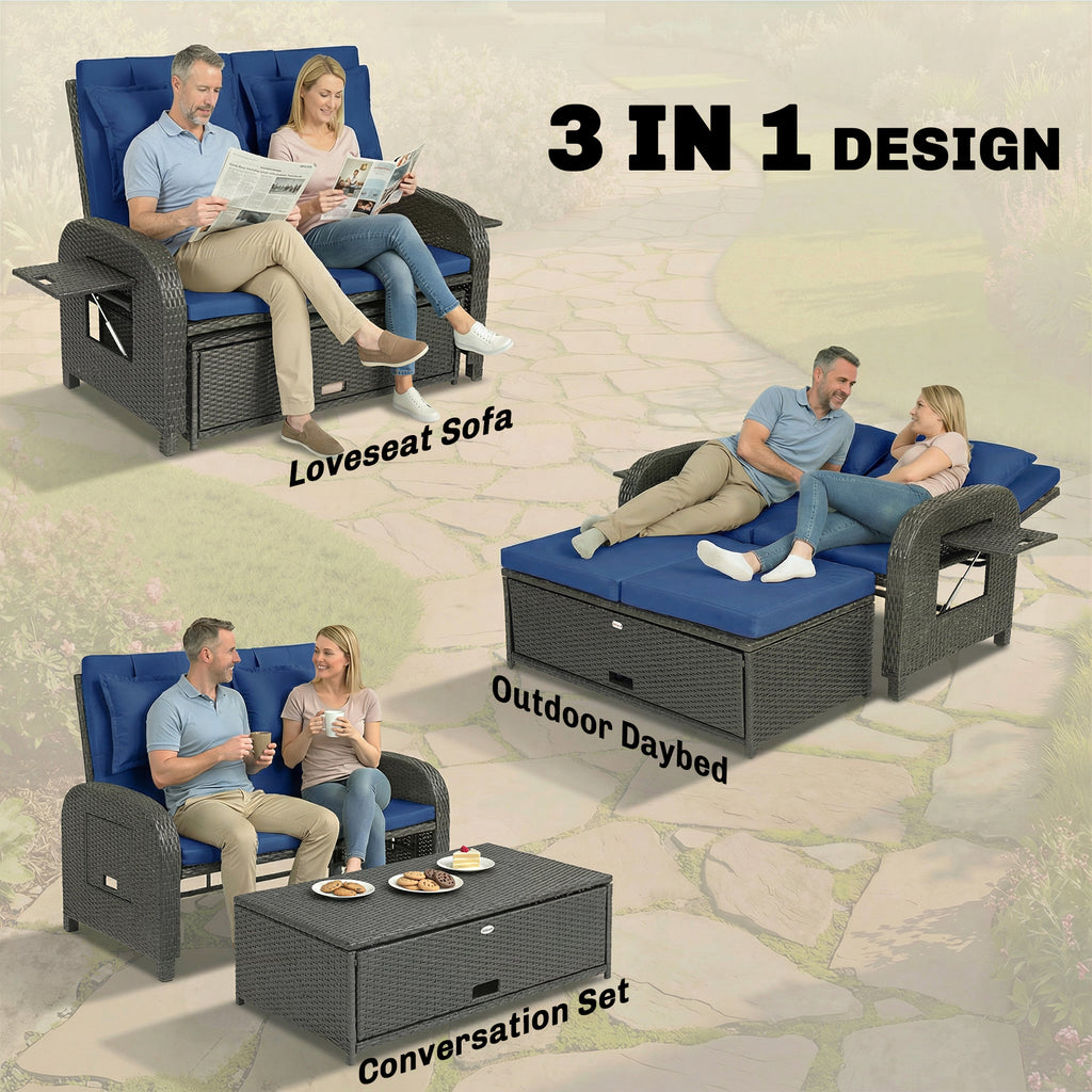 Outdoor Rattan Daybed Lounge – Wicker Patio Loveseat with Adjustable Backrest & Storage Ottoman, Navy Blue