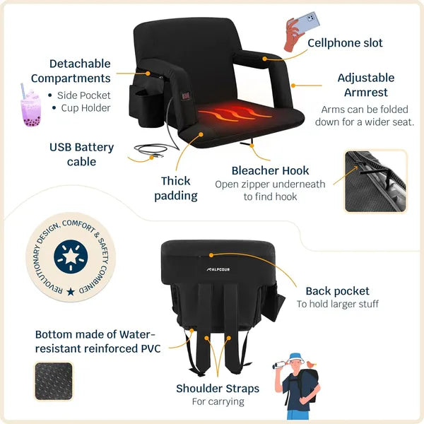 Heated Stadium Seat – Reclining Bleacher Chair with Back Support