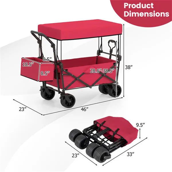 Foldable Utility Wagon Cart – Heavy Duty Outdoor Wagon with Adjustable Handle, Brakes & Storage Pockets, RED