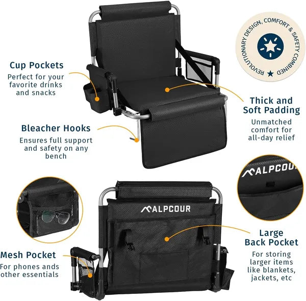 Stadium Seat - Foldable, Padded Bleacher Chair With Backrest, Armrest, Pockets, & Cup Holder
