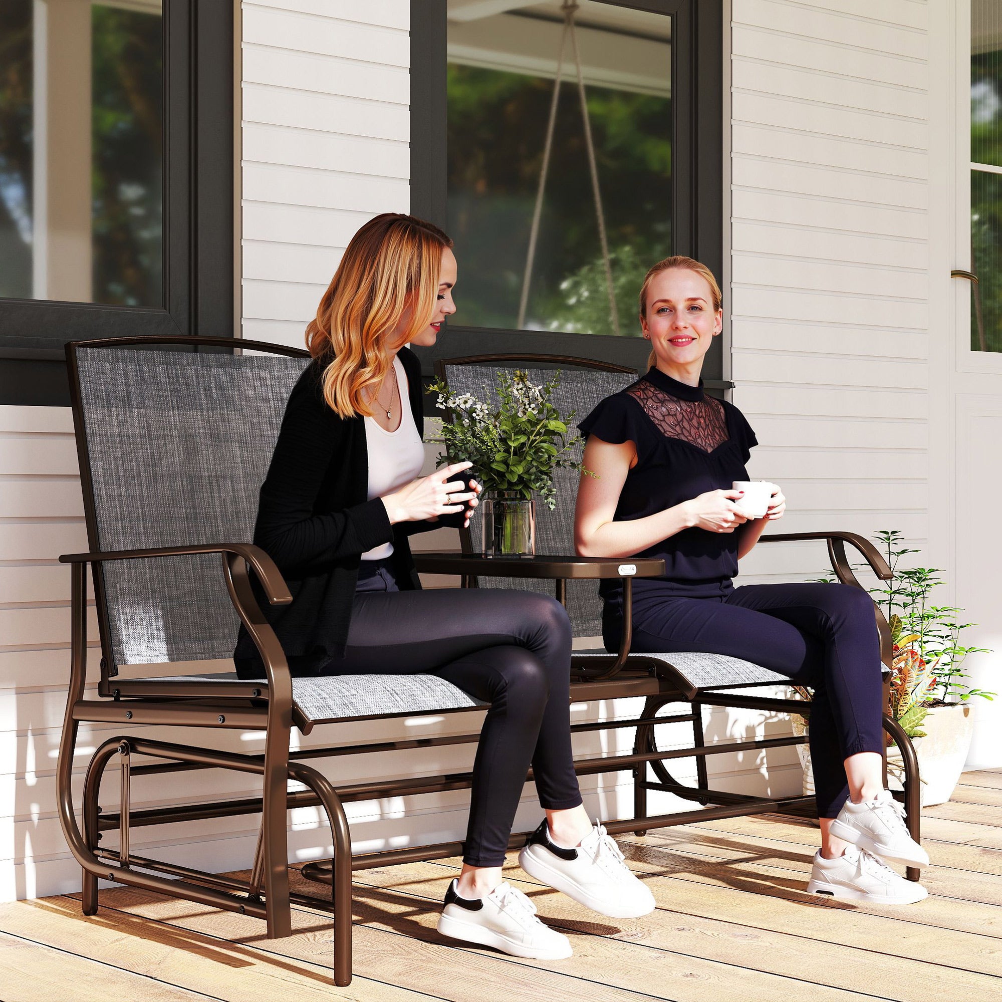 2-Seat Outdoor Glider Bench with Center Table – Patio Loveseat Swing Chair for Backyard & Porch, Brown