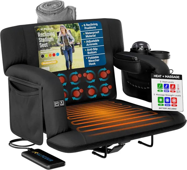 Premium Heated Massage Stadium Seat – Reclining Bleacher Chair with Back Support Extra Wide