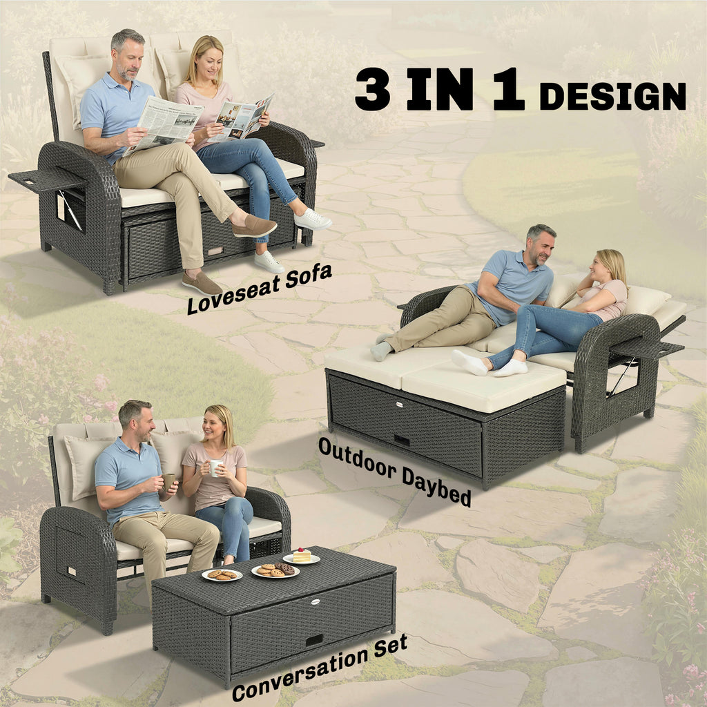 Outdoor Rattan Daybed Lounge – Wicker Patio Loveseat with Adjustable Backrest & Storage Ottoman, Beige