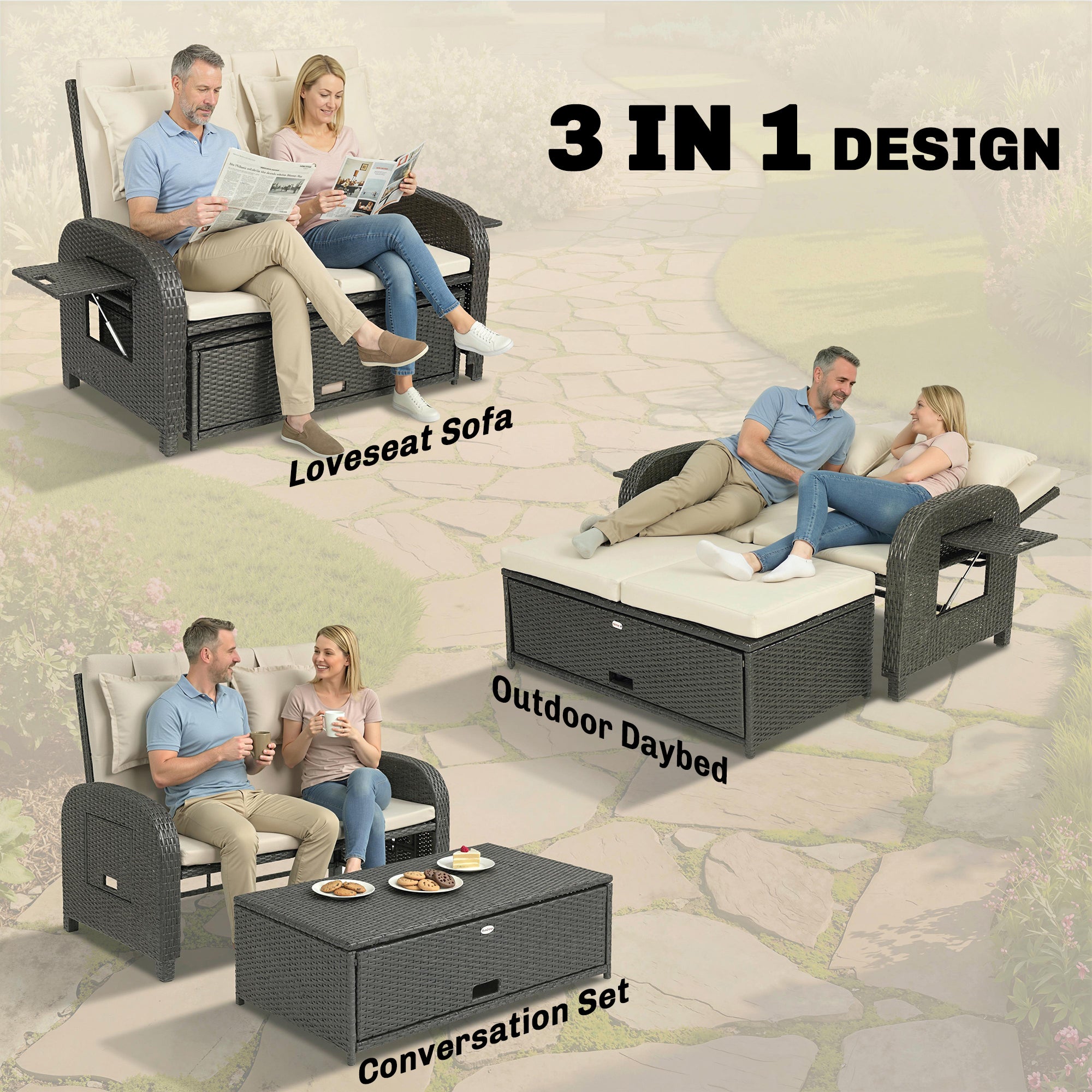 Outdoor Rattan Daybed Lounge – Wicker Patio Loveseat with Adjustable Backrest & Storage Ottoman, Beige