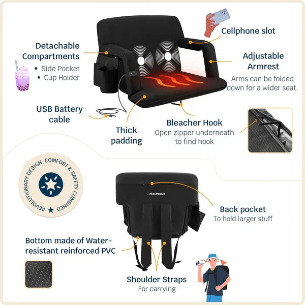 Heated Massage Reclining Stadium Seat For Bleachers With Back Support