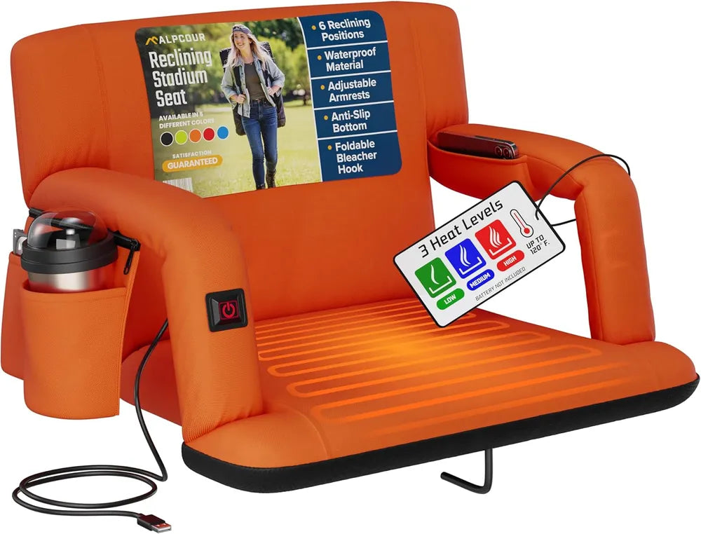 Heated Stadium Seat – Reclining Bleacher Chair with Back Support Extra Wide