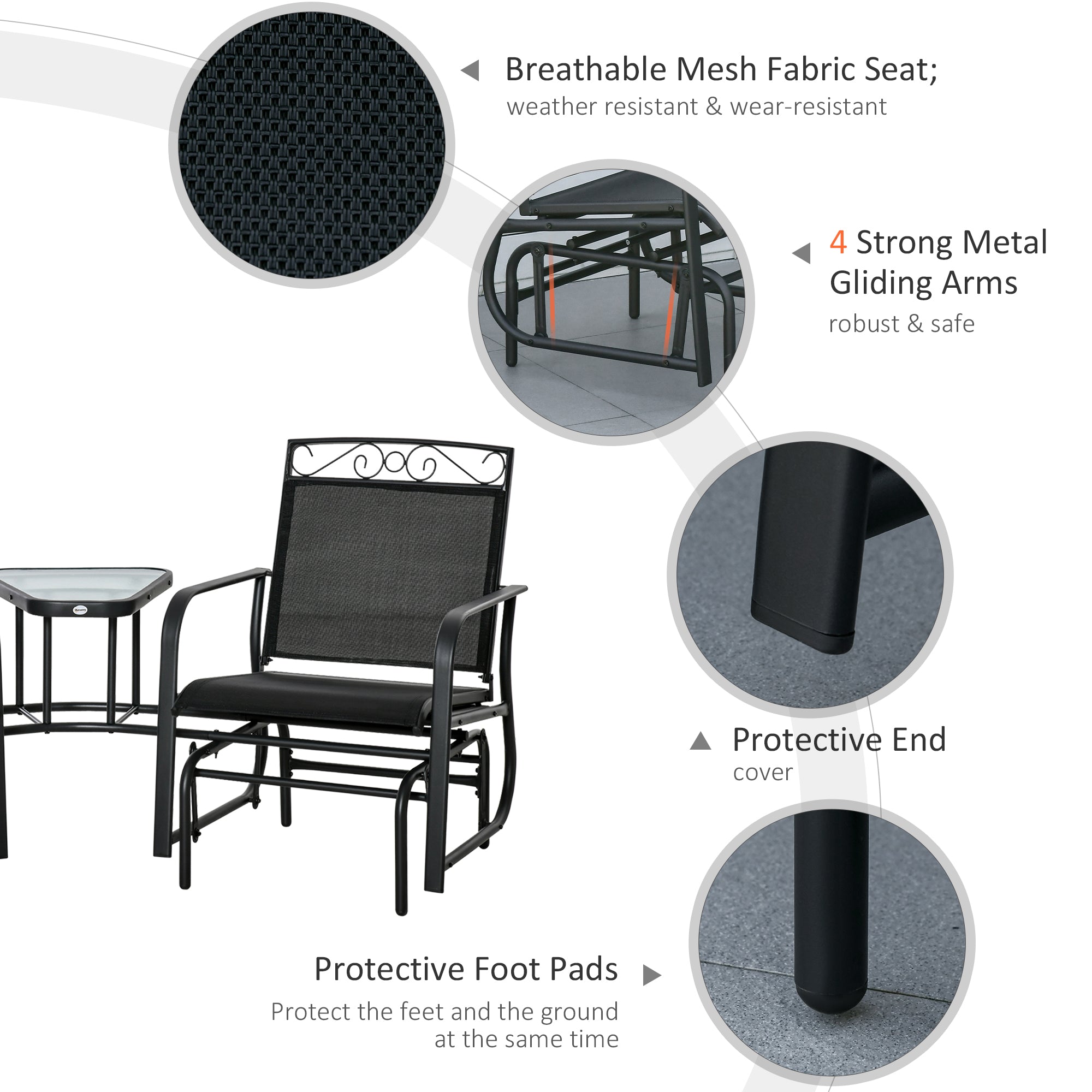 2-Person Outdoor Glider Chair with Center Table – Patio Rocking Bench, Black