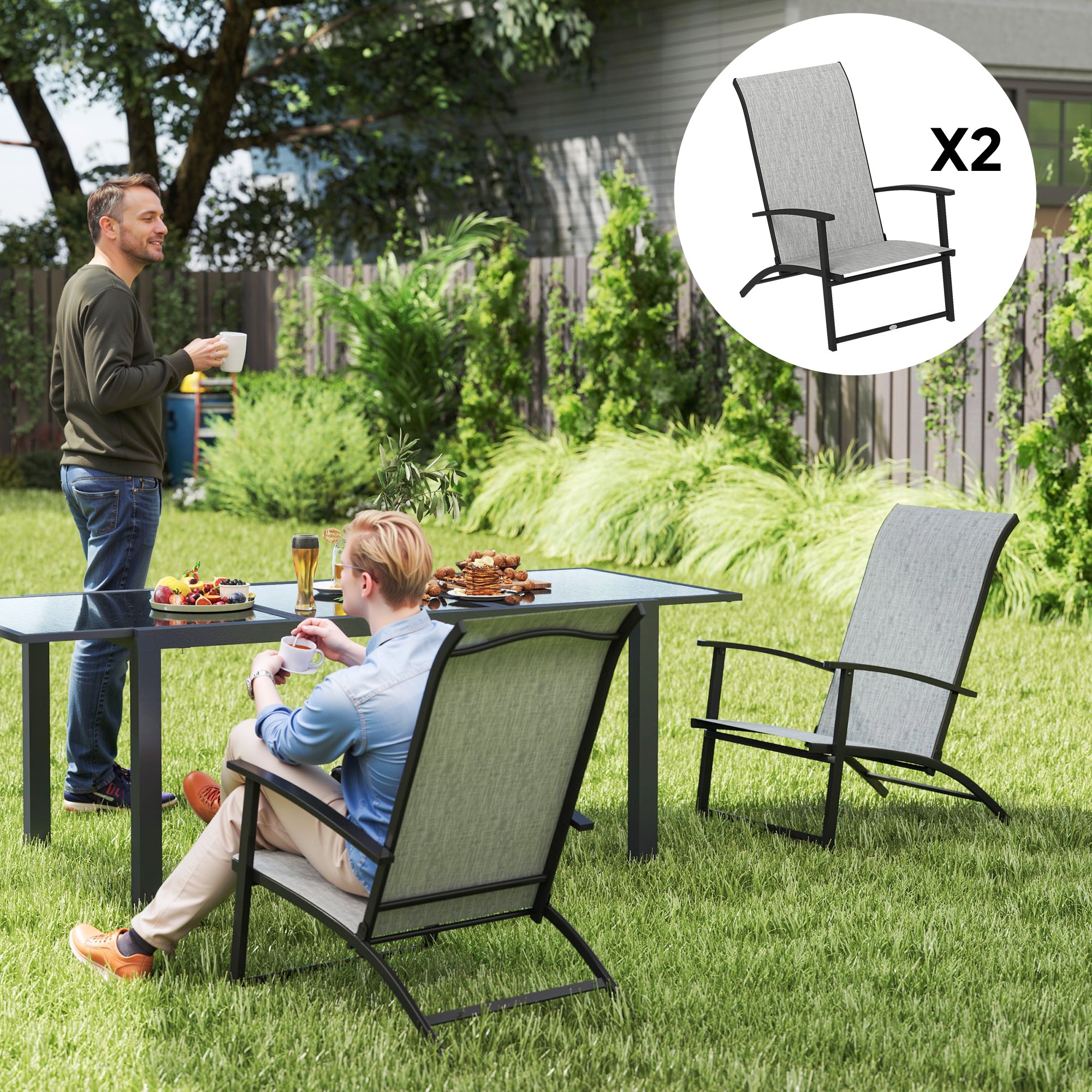 Two people sitting at a table outdoors with two chairs, one of which is shown in detail.