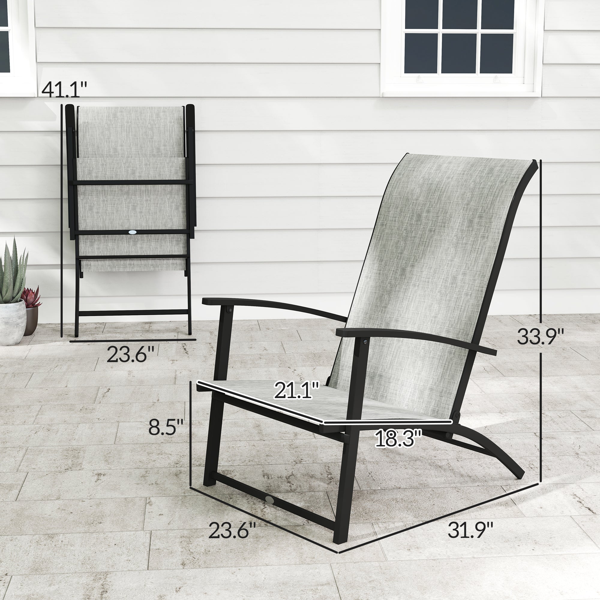 Set of 2 Folding Outdoor Dining Chairs – Patio Camping Chairs with High Back & Armrests, Gray